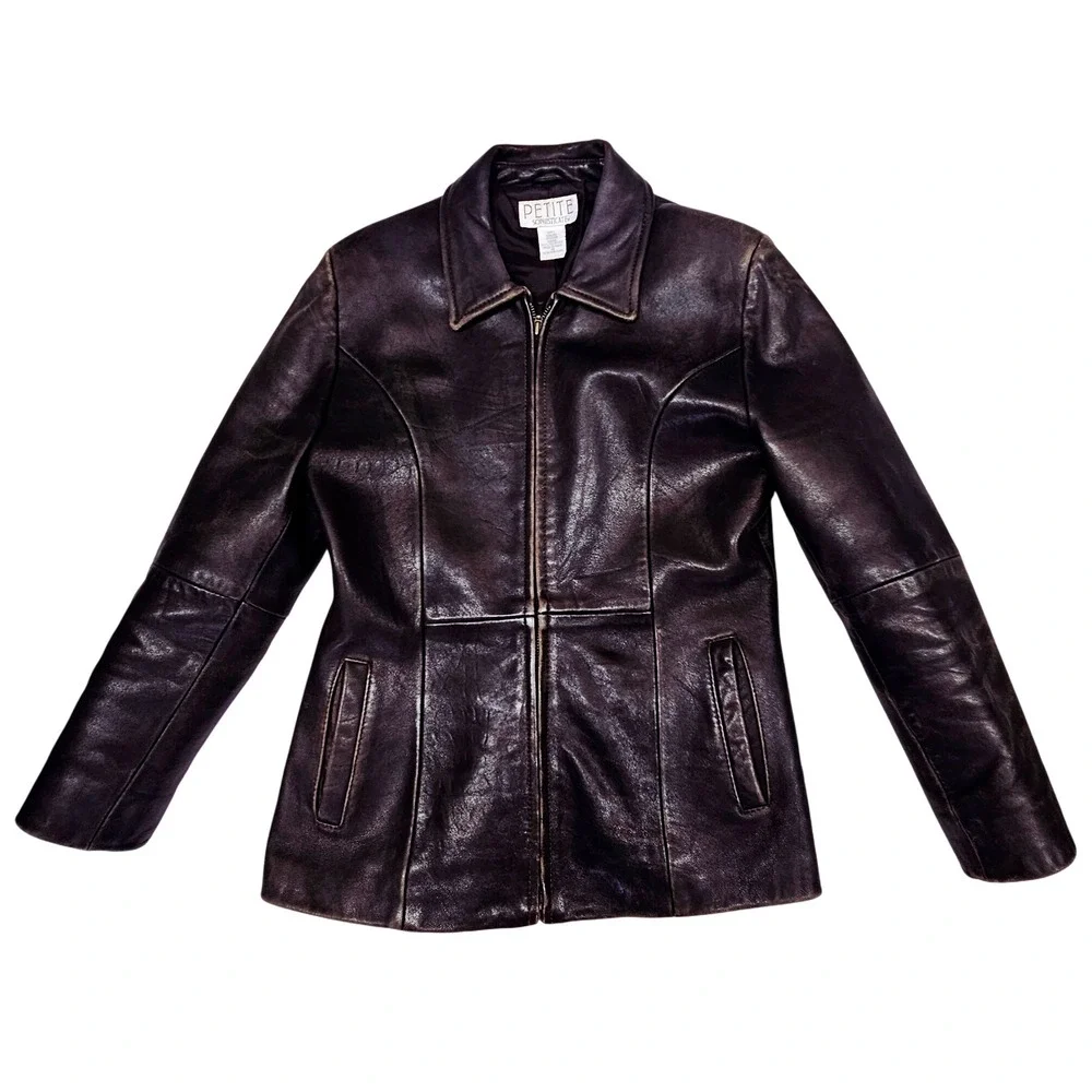 Petite Sophisticate Leather Jacket Womens M Dark Brown Distressed Zip Biker Grng - Picture 2 of 9